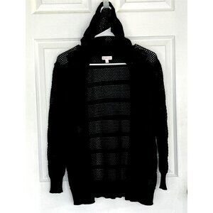 Design History Open Crochet Hooded Cardigan sz L Pockets Black Grannycore